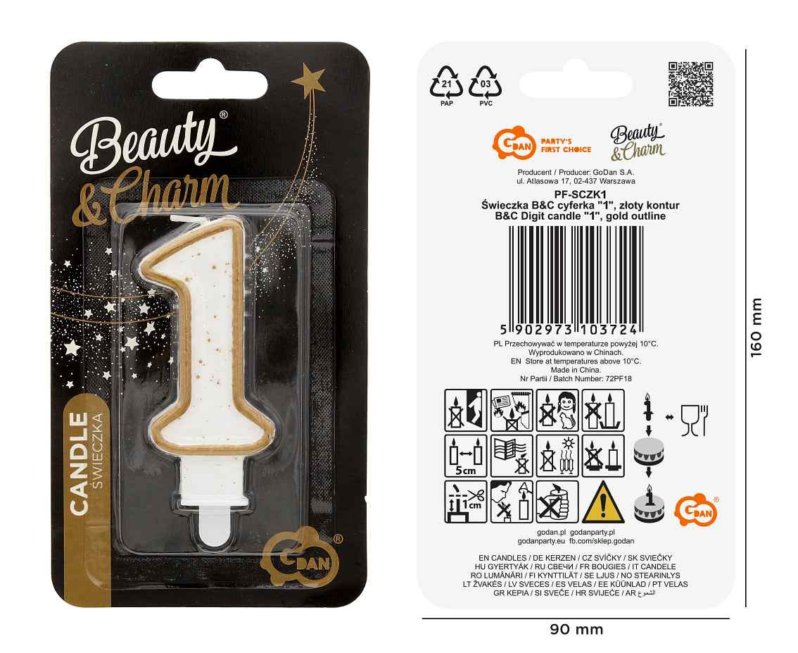 Digit candle "1", gold outline, 8 cm